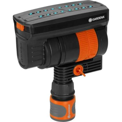 Gardena Pipeline Square Sprinkler, black and orange sprinkler with adjustable range and width, for watering lawns and gardens
