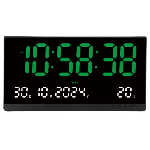 Digitális asztali óra, zöld LED fénnyel, ébresztővel, 3 fényerővel, naptárral, hőmérséklettel, szundi funkcióval, éjszakai üzemmóddal, 480*25*250 mm 119467546