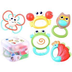 5 színes csörgő készlet baba számára, virág, rák, bagoly, béka és páva formában, tökéletes rágcsáláshoz és játékhoz - Rágóka