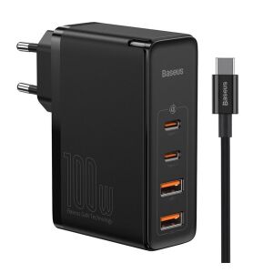 BASEUS hálózati töltő 2 USB+2 Type-C aljzat 100W, PD gyorstöltő 4.0 + Type-C kábel, FEKETE