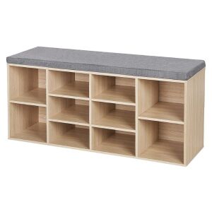 Puha kanapépárnával és 10 tárolórekesszel ellátott pad, PAL fából, 104 x 30 x 48 cm, tölgy