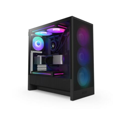 NZXT H5 Flow RGB Midi Tower Black PC Case with components and RGB lighting