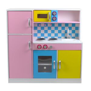 GINGER HOME kuchnia dla dzieci, drewniana kuchnia zabawowa w kolorze różowym, niebieskim, żółtym i białym, kuchnia do zabawy w gotowanie dla dzieci - Kuchnia dla niemowląt i zabawek