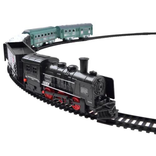 Set de tren electric cu șine, locomotivă, vagoane de pasageri și vagoane de marfă, negru și verde, marca Rail King