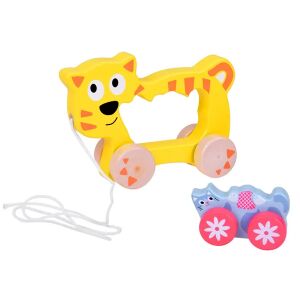 Elbűvölő cicacsalád húzós játék: Sárga fa húzható macska játék kis macskával kerekeken - Tolható, húzható játék