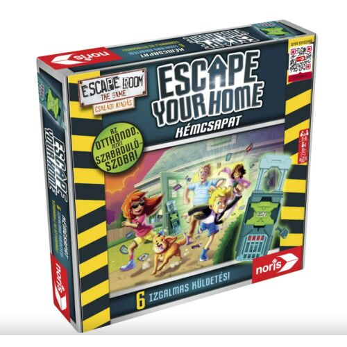 Escape Room - Escape Your Home társasjáték doboz, egy családot ábrázol, akik egy időzítővel és egy zárral menekülnek otthonukból