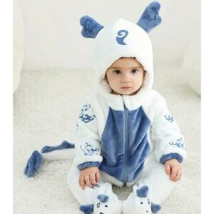 Állatos kezeslábas babáknak télre - Sárkány(fehér-kék) - 100 cm