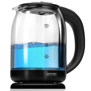 MPM glass electric kettle with black handle and base, 1.6L capacity - MPM