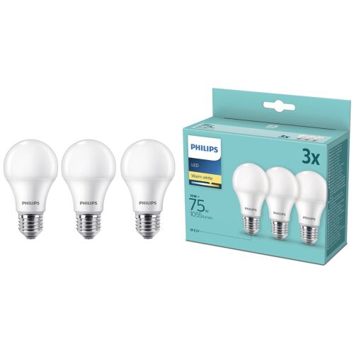 Pachet 3 db Philips LED izzó, E27, 10W (75W), 1055 lm, meleg fehér fény, F energiaosztály