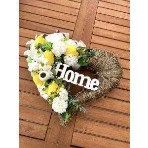 Szív alakú virágos ajtódísz citromokkal és 'Home' felirattal - Ajtódísz