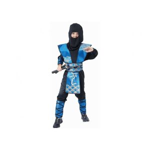 Kék Ninja Jelmez Gyermekeknek, 120/130 cm, tartalmaz inget, nadrágot, csuklyát, mellényt, kesztyűt és lábszárvédőt - Ninja