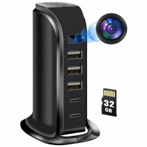 iUni IP91 versteckte Kamera-Ladestation mit 32GB microSD-Karte, 2 Type-C-Ports, 3 USB-A-Ports, schwarz - IUni