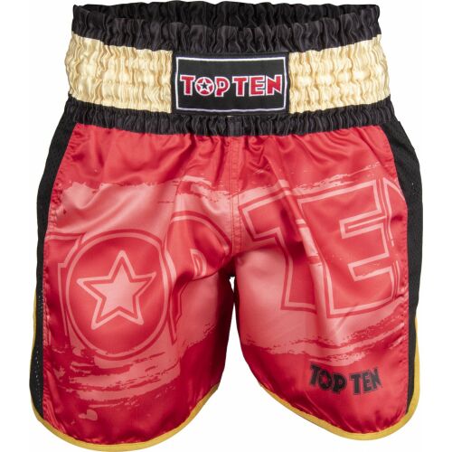TOP TEN Kickboxing rövidnadrág "Power Ink" piros-arany, elülső nézet 