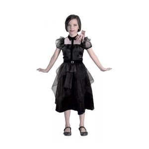 Costum de școală gotică pentru fete, mărimea 110/120 cm, rochie neagră cu fustă din tul și centură, include un accesoriu de mână înfiorător - Amscan