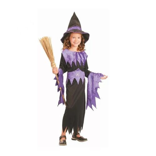 Boszorkány jelmez gyerekeknek, 110/120 cm, Lila és fekete boszorkány jelmez kalappal és seprűvel
