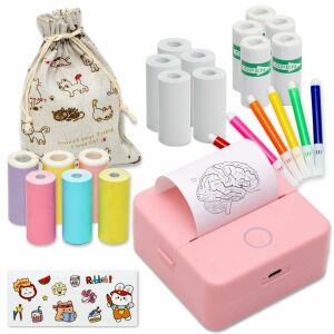 Tragbarer Minidrucker MX1, PINK mit 5 weißen Rollen + 3 selbstklebenden farbigen Rollen + 5 weißen Rollen + 3 einfachen farbigen Rollen + 6 Karten, Aufklebern und Tasche inklusive 119705871 - EALMEU