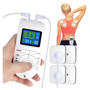 Stimulator muscular electric Bleksy® cu 4 electrozi pentru fizioterapie și electroterapie, cu 12 moduri de masaj, portabil, afișaj digital, alb - Stimulator muscular