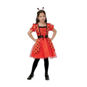 Marienkäfer Kostüm für Mädchen, rot-schwarzes Punktekleid mit Flügeln, Stirnband, Gürtel, 120/130 cm - Godan