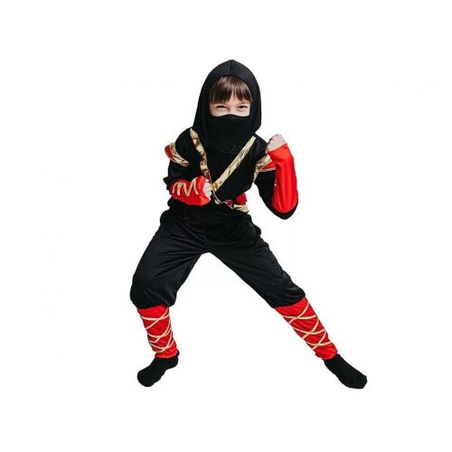 Brave Ninja jelmez gyerekeknek, fekete és piros ninja ruha maszkkal és kapucnival, 130/140 cm méret