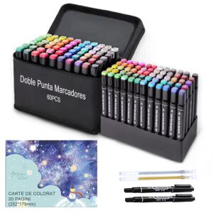 Set de markere cu vârf dublu HODIY 60 culori cu husă de transport și caiet de schițe - Markere