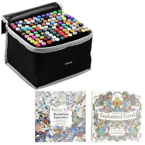 120 db-os kétvégű marker készlet kifestőkönyvekkel és tárolóval