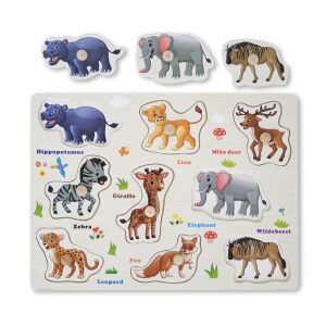 Puzzle Incastru Cu Animale Salbatice Cu Buton Si Imagini, Din Lemn 141534696 - Puzzle pentru copii