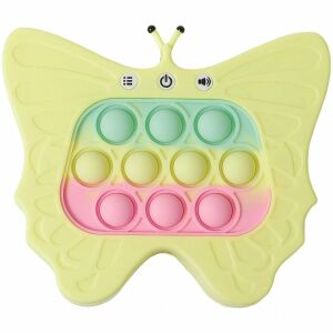 Interaktív konzol típusú játék gyerekeknek, Flippy, különböző játékmódok, 120 szint, ABS/szilikon anyag, szintekkel, hangokkal és fényekkel, 12 x 5,5 x 13,5 cm, pillangó modell, sárga