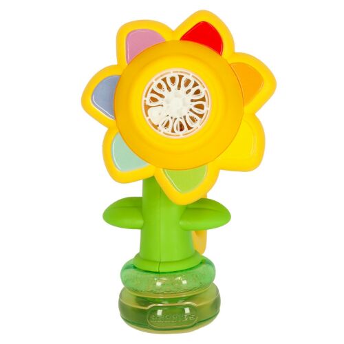 Seven Color Flower Bubble Machine, suflantă de bule cu flori galbene, cu tulpină și bază verde