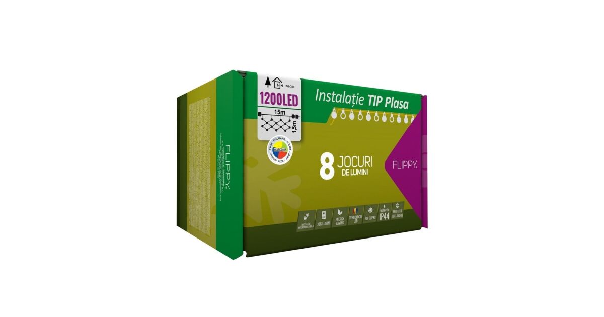 Instalatie Craciun, Tip Plasa, 15 m x 1.5 m, 1200 LED-uri, Multicolor, 8 jocuri de lumini, Transformator cu telecomanda, Interconectabila, Prelungitor 5 m inclus, Fir transparent, Flippy 119868532