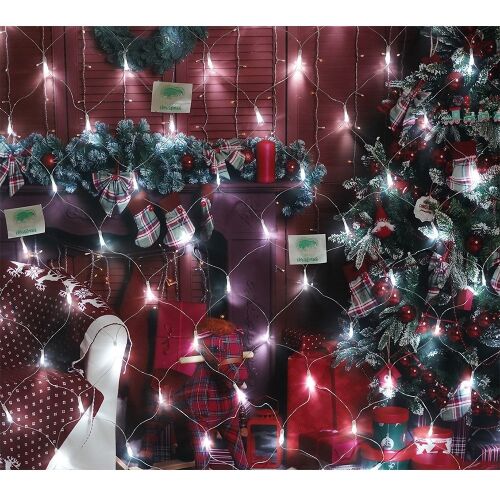 Flippy Karácsonyi háló fényfüzér, 1200 hideg fehér LED-del díszített kandalló és karácsonyfa