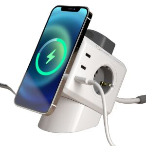 Удължител Powercube by Allocacoc с безжично зареждане, бял/сив, с 6 USB порта, 4 гнезда и безжично зарядно за телефон - Дистрибутор
