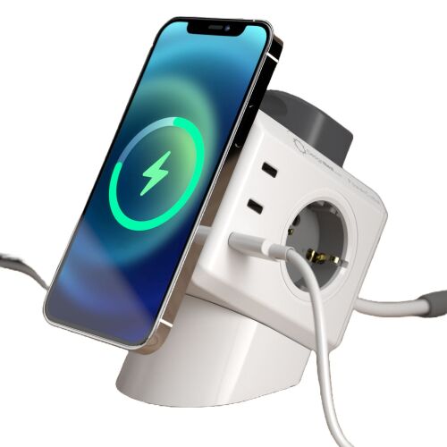 Allocacoc köbös hosszabbító, Powercube, vezeték nélküli töltéssel, 4 aljzat, 6 x USB port, 1,5 m-es kábel, ideális irodai/otthoni használatra, kompakt kivitel, fehér