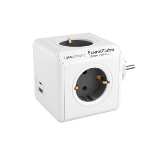 Allocacoc Powercube, fehér/szürke, 4 aljzat, 2 USB-A, 1 USB-C, hosszabbító, kocka kialakítás - Allocacoc