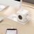 Allocacoc Powercube, fehér/szürke, 4 aljzat, 2 USB-A, 1 USB-C, hosszabbító, kocka kialakítás, használatban, asztalon, telefonnal és számítógéppel