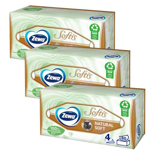 Zewa Softis Natural Soft без аромат 4-слойни кърпички за лице, 3 кутии x 80 броя