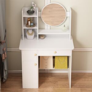 Masă de toaletă cu oglindă cu sertare alb pentru machiaj, glamour, stil scandinav