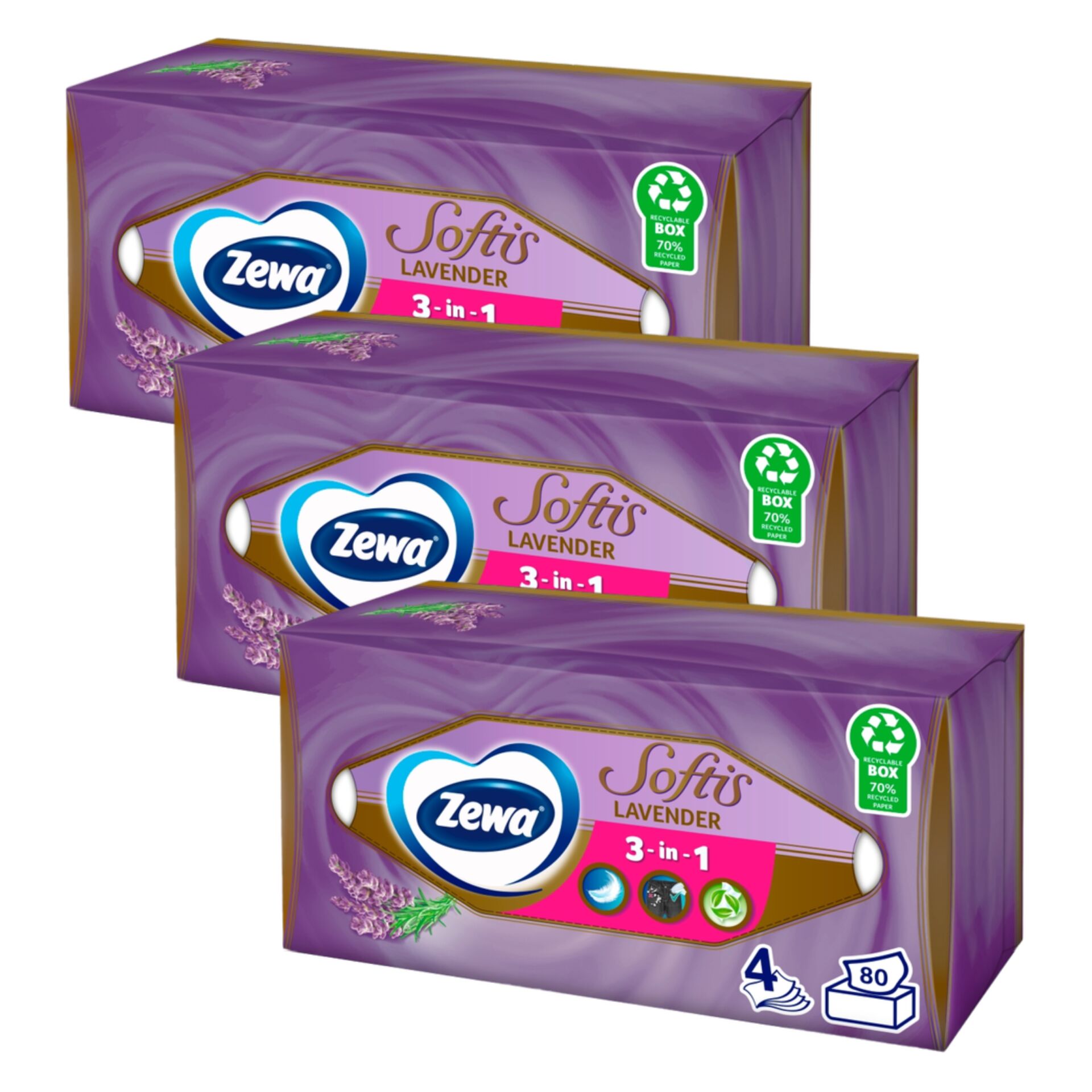 E-shop Zewa Softis 4-vrstvový papierový vreckovník - Levanduľa 3x80ks