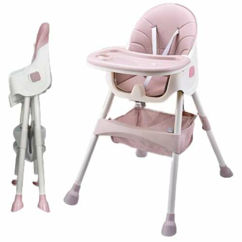 Pepita Happy pink high chair, foldable design with storage basket and double tray