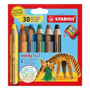 STABILO Woody Tiger 3in1 színes ceruza készlet, 6 darabos hegyezővel, rajzolás üvegre - Színes ceruza