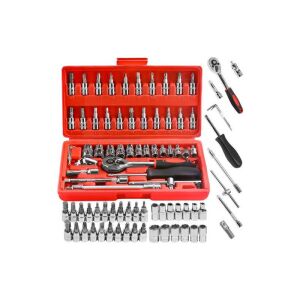 46 darabos króm-vanádium acél dugókulcs készlet racsnival, hosszabbítókkal és különféle bitekkel piros hordtáskában - Bigstren