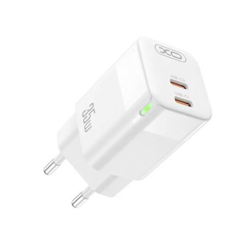 XO 35W USB-C Hálózati Töltő, Kettős Portos Adapter, Fehér