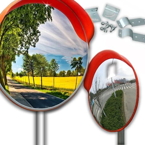 30 cm nerozbitné cestné zrkadlo s rukoväťou a montážnym materiálom odrážajúce cestu a krajinu