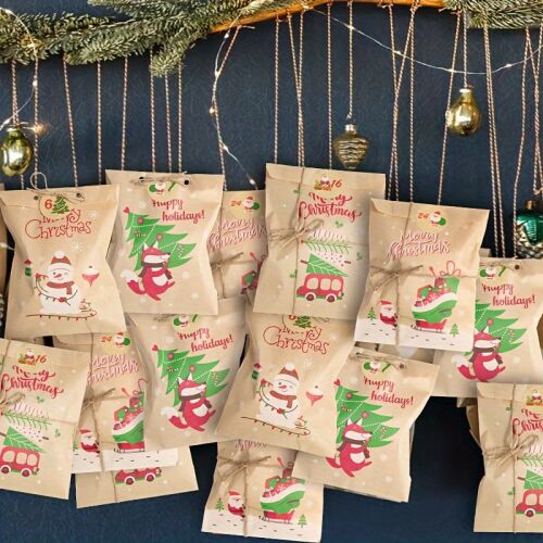 24 de bucăți, Pungi de hârtie retro de Crăciun cu autocolante Moș Crăciun Om de zăpadă Vulpe 119963054