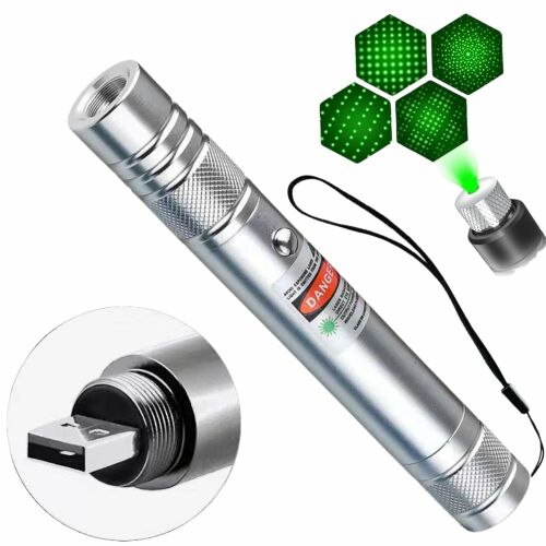 Laser Verde Pointer Profesional cu Raza lunga, Joc de Lumini, Acumulator, USB, Pentru prezentari Birou si Constructii Argintiu