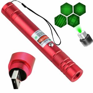 Roter StartONTeam Laserpointer mit USB-Ladegerät, grünem Licht, Sternkappe und Lanyard - Präsentationstools