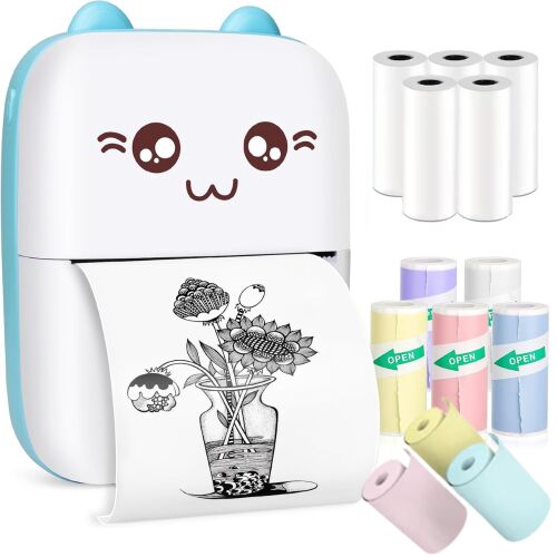 Mini przenośna drukarka termiczna Bluetooth z 13 rolkami papieru, drukowaniem aplikacji, 1200 mAh, IOS i Android niebieska
