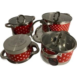 Set de vase Berghome Line din 8 piese din oțel inoxidabil cu design roșu cu buline, cu 4 oale cu capace din sticlă - Veselă