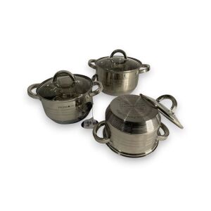 Set de vase din oțel inoxidabil Berghome Line, 6 piese, cu capace din sticlă - Veselă