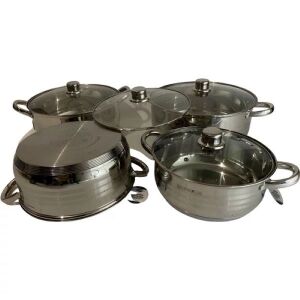 Set de vase din oțel inoxidabil Berghome Line 8 piese cu capace din sticlă, 4,5L, 6,0L, 7,5L, 9,0L - Veselă