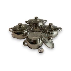 Set de vase din oțel inoxidabil Berghome Line 8 piese cu capace din sticlă, 5,2L, 4,2L, 3,1L, 2,4L, BM-1349 - Veselă